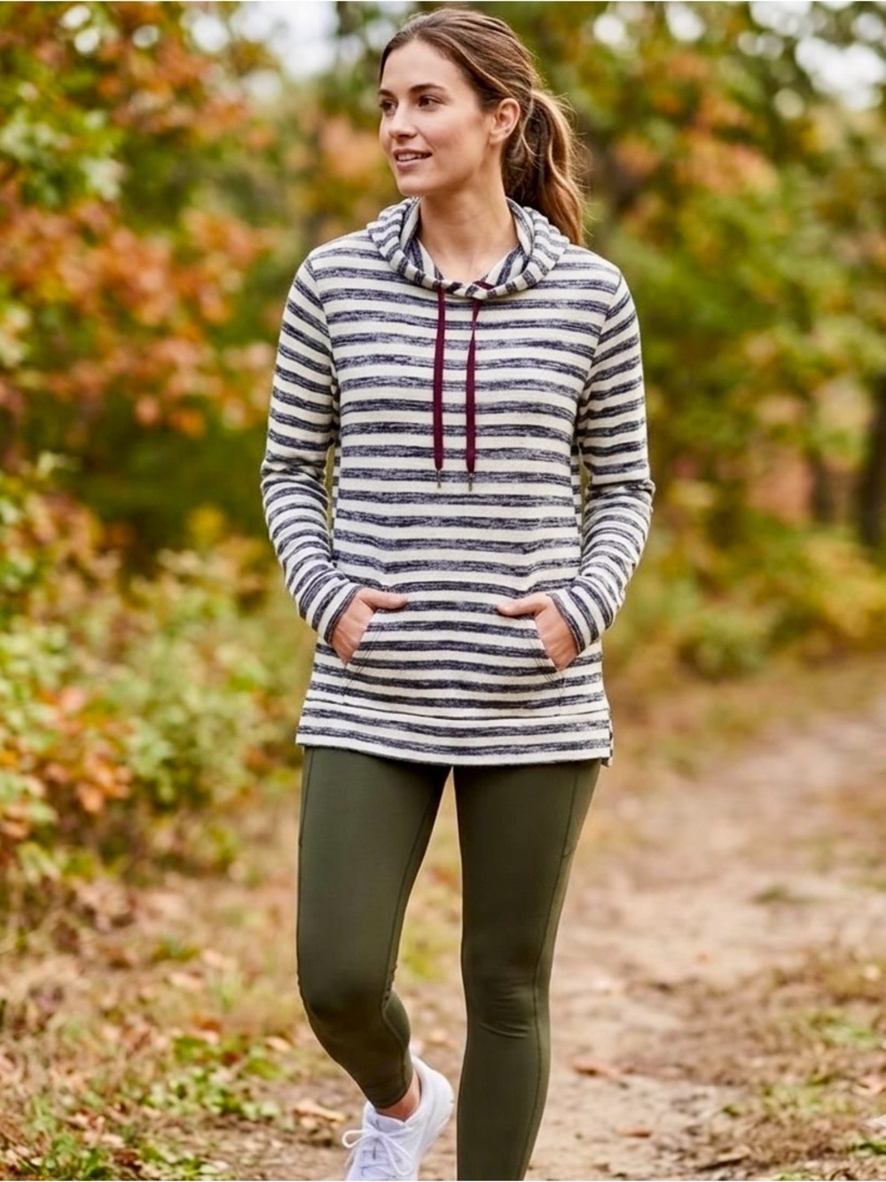 Market & Spruce Striped Knit Drawstring Hoodie Top Blue & White - Women’s Small